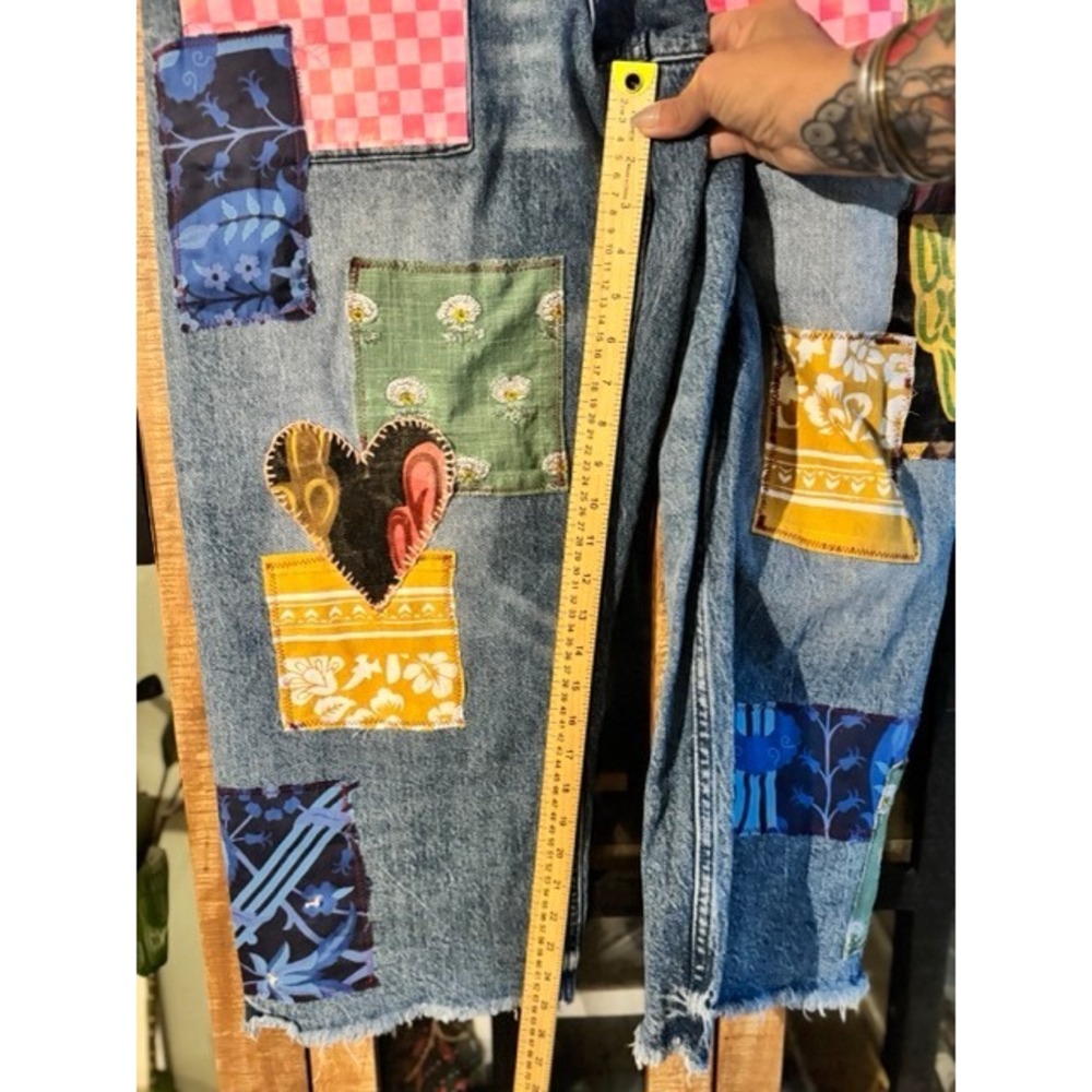 Unique upcycled Bird Patchwork Straight Leg Jeans Eclectic Boho Denim 14/32 - Picture 7 of 14